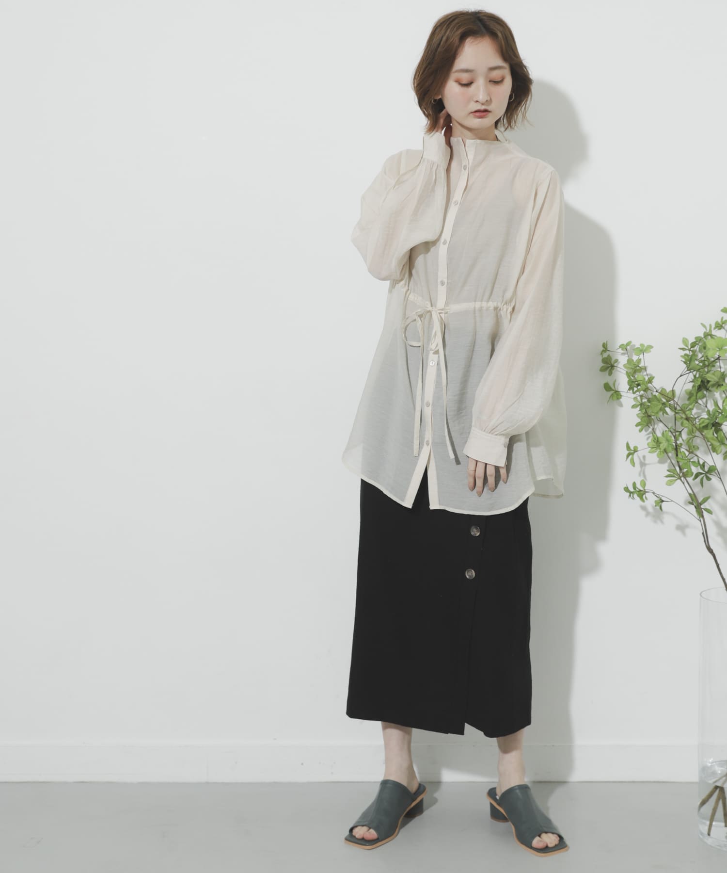 リネンヘリンボーンパイピングスカート BLACK M