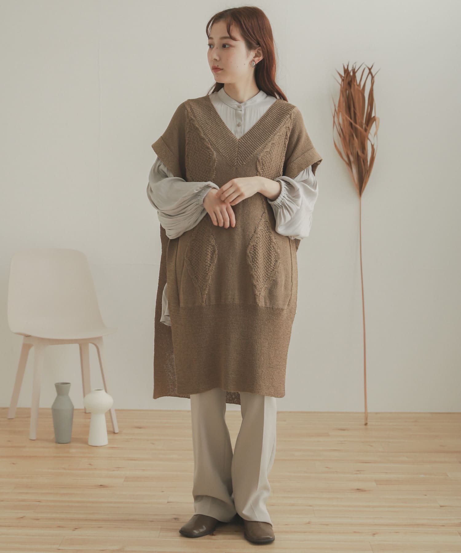 ロングケーブルベスト BEIGE one