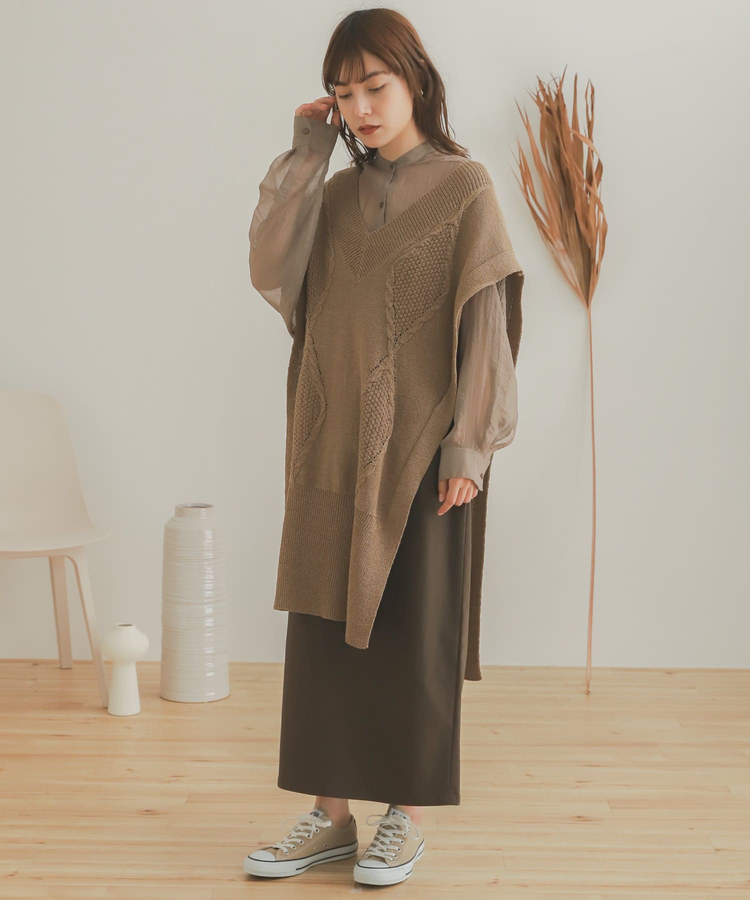 ロングケーブルベスト BEIGE one