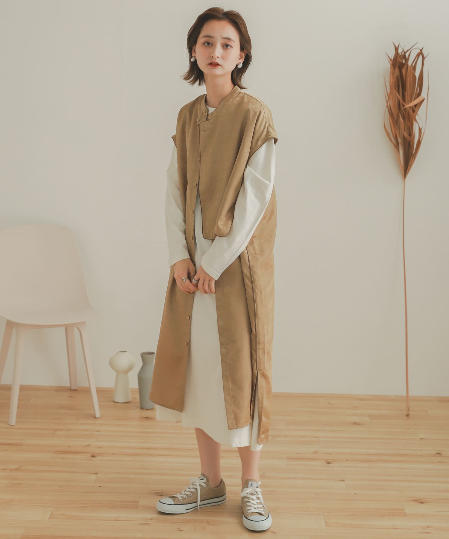 パイピングチャイナロングトップ BEIGE one