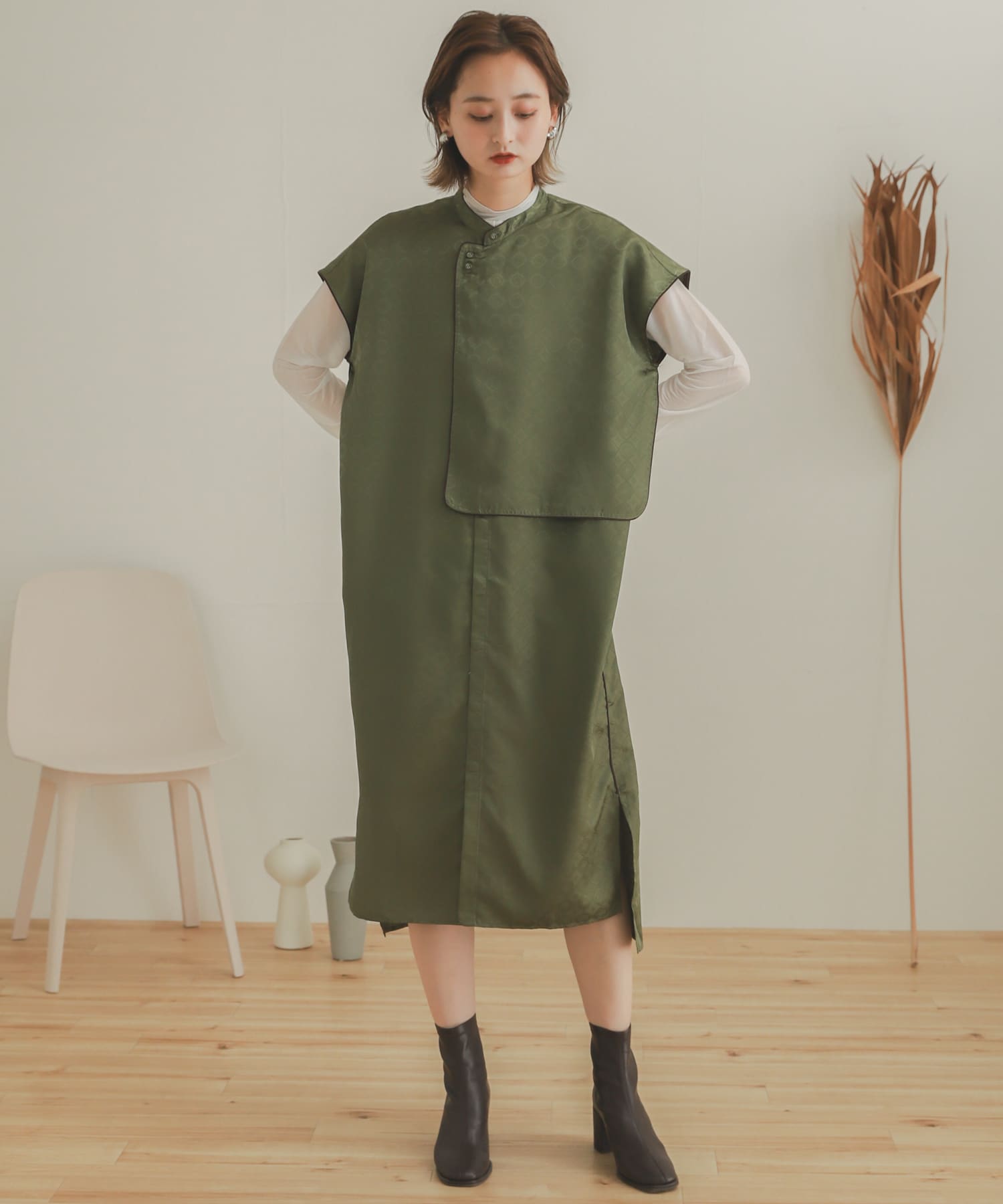 パイピングチャイナロングトップ KHAKI one
