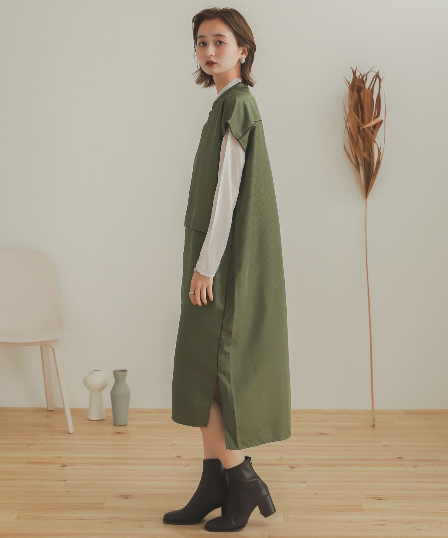 パイピングチャイナロングトップ KHAKI one
