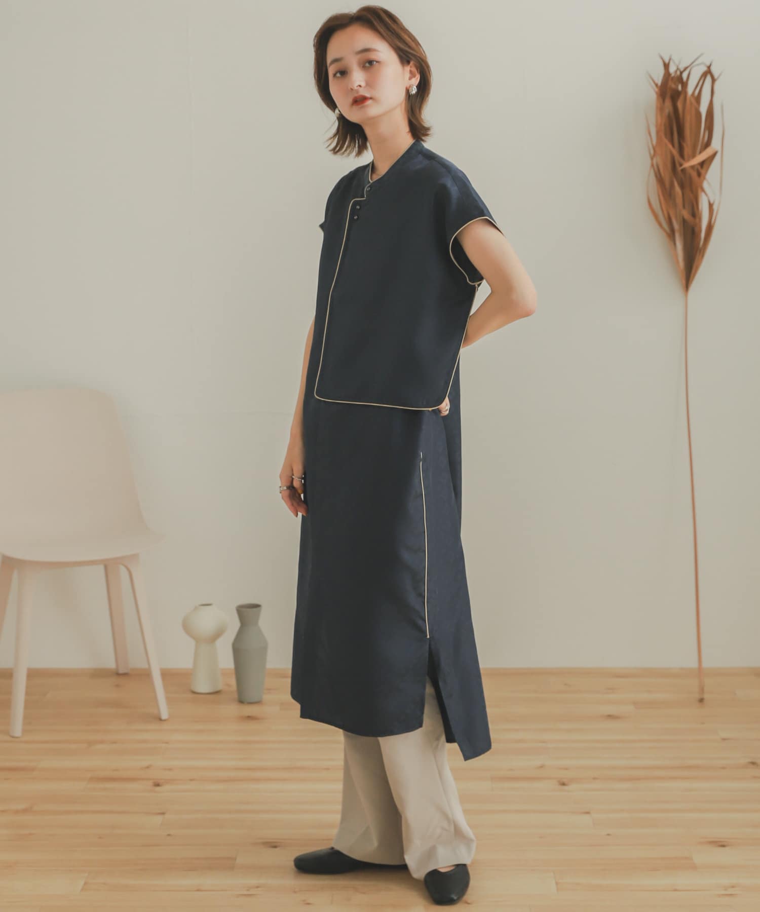 パイピングチャイナロングトップ NAVY one