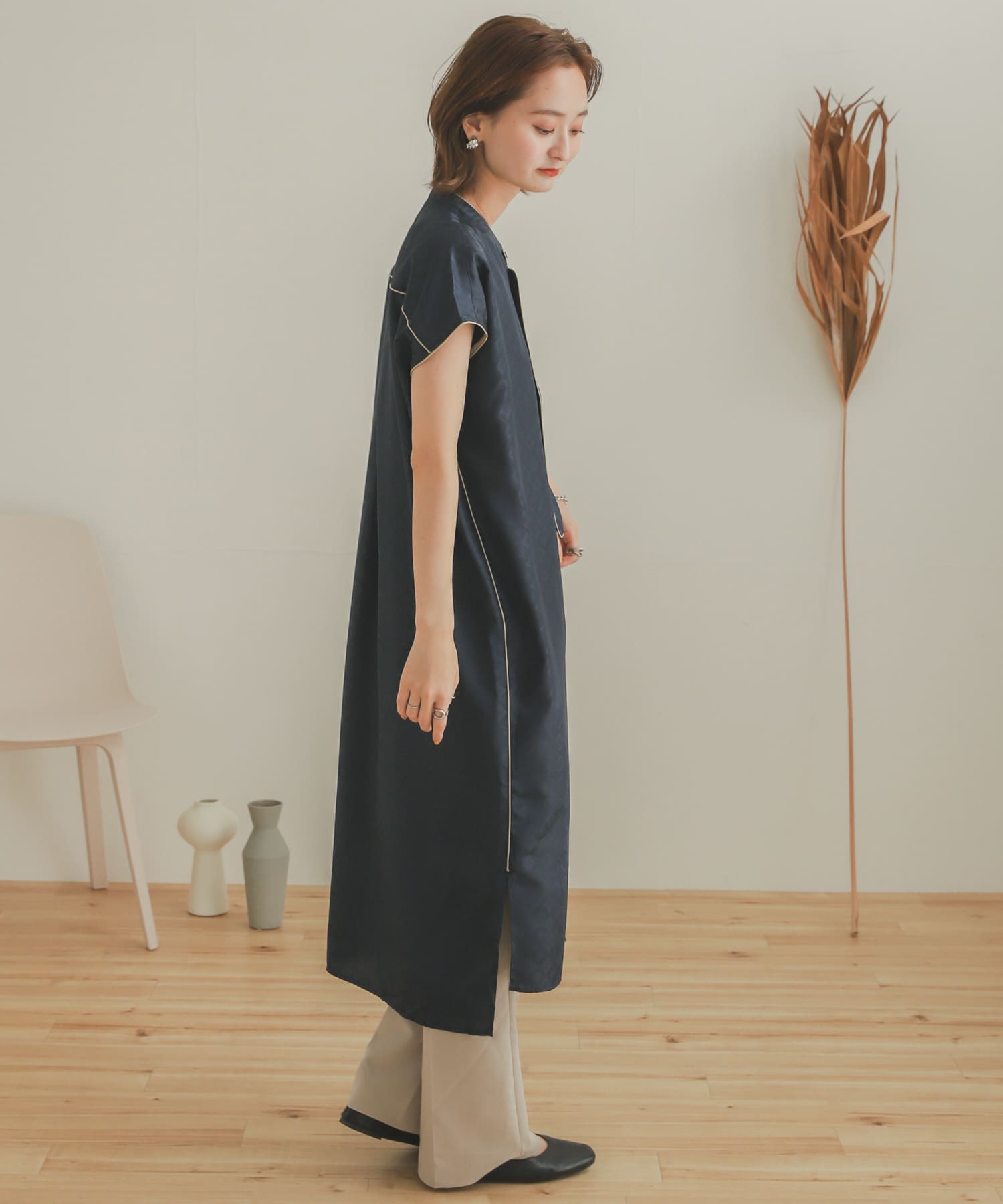 パイピングチャイナロングトップ NAVY one