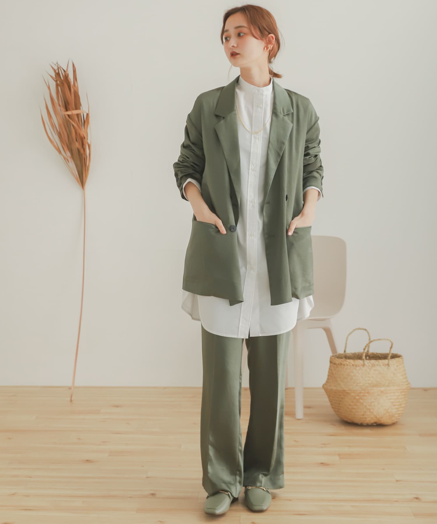 サテンリラックスパンツ KHAKI S