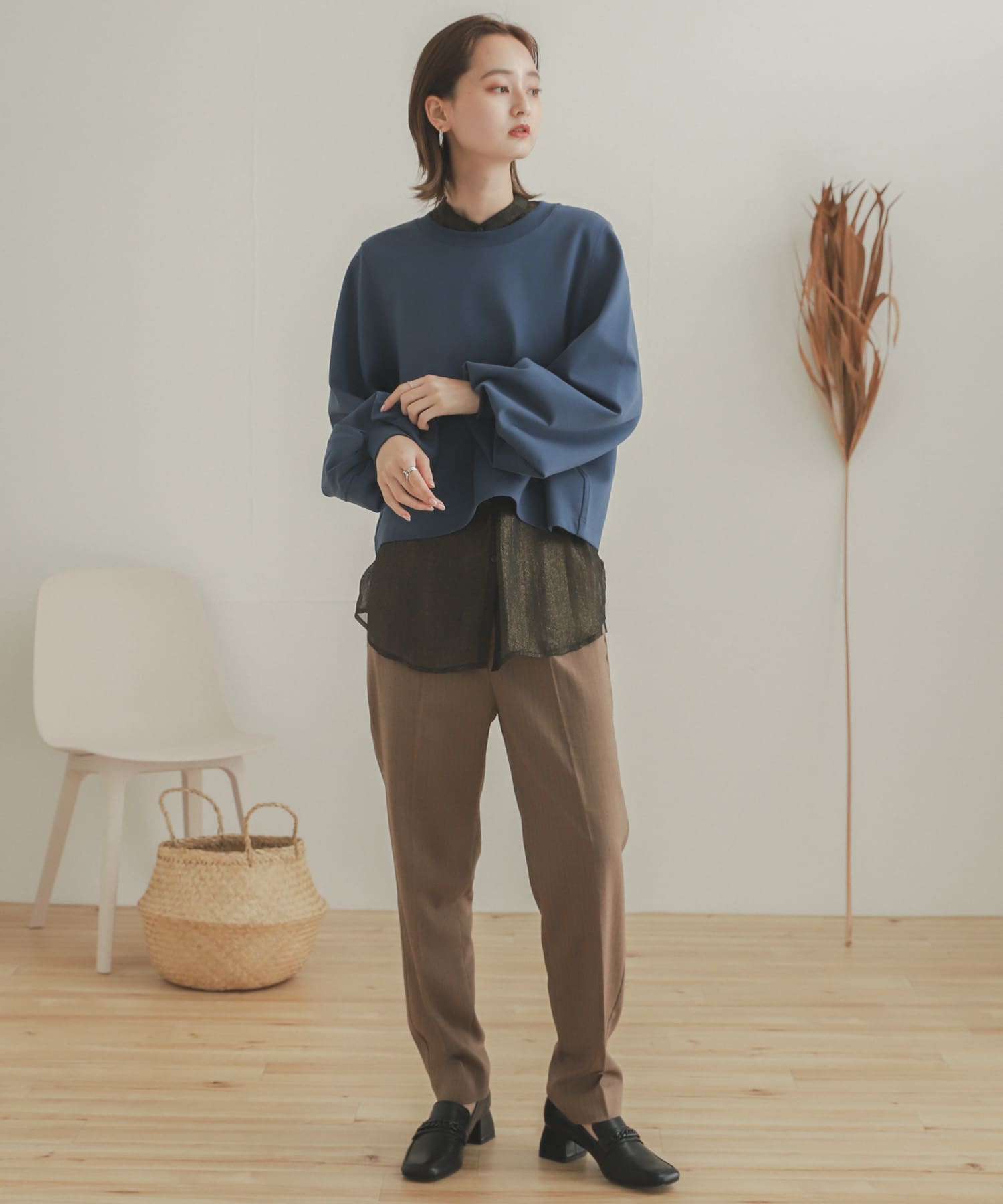 ヘリンボンテーパードパンツ BROWN S