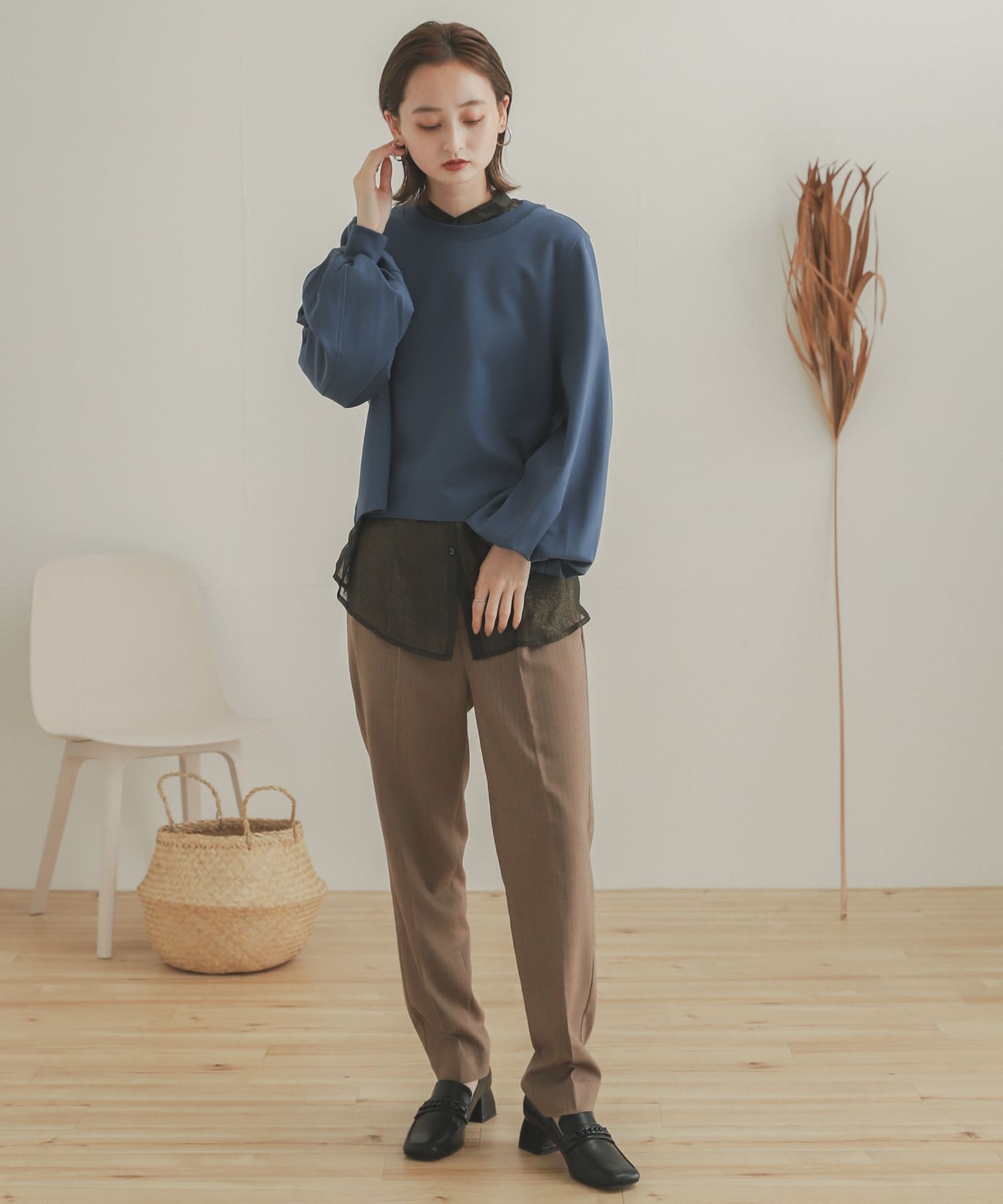 ヘリンボンテーパードパンツ BROWN S