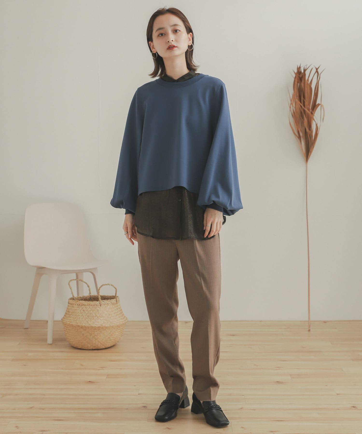ヘリンボンテーパードパンツ BROWN M