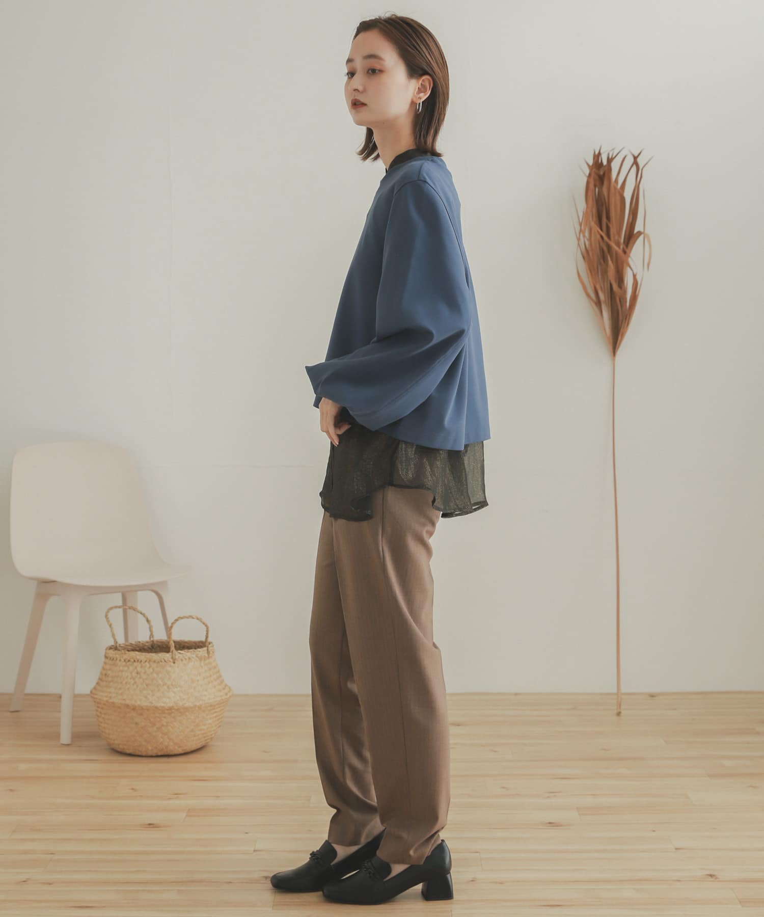 ヘリンボンテーパードパンツ BROWN M