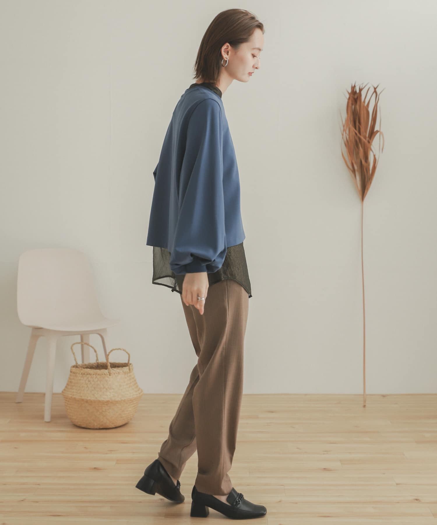 ヘリンボンテーパードパンツ BROWN M