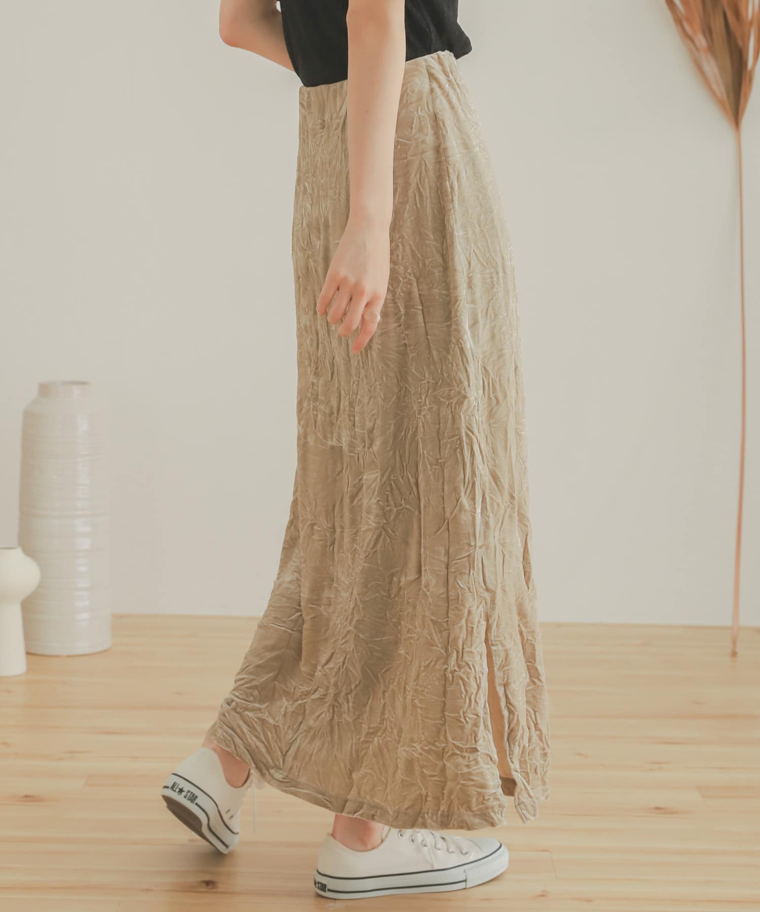 クラッシュベロアロングスカート BEIGE one