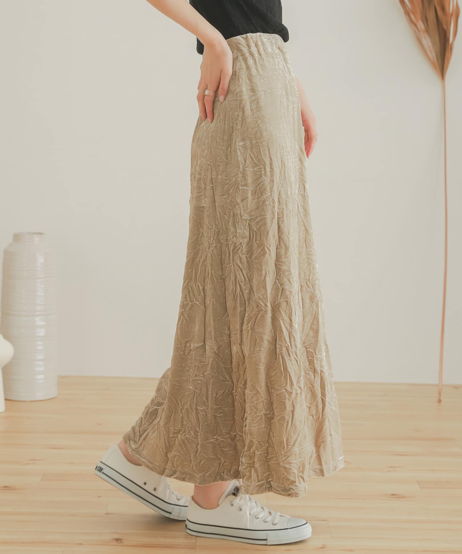 クラッシュベロアロングスカート BEIGE one