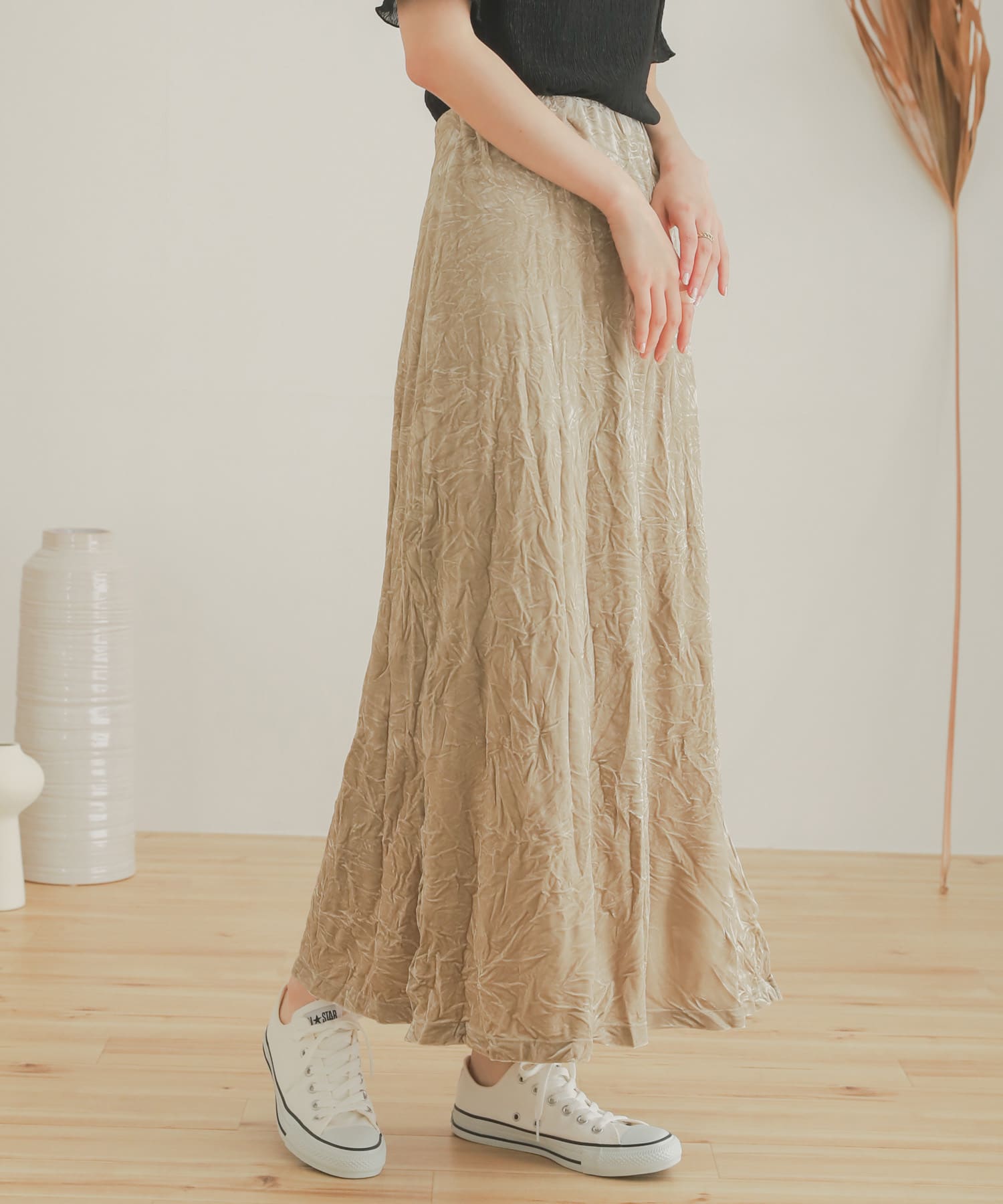 クラッシュベロアロングスカート BEIGE one