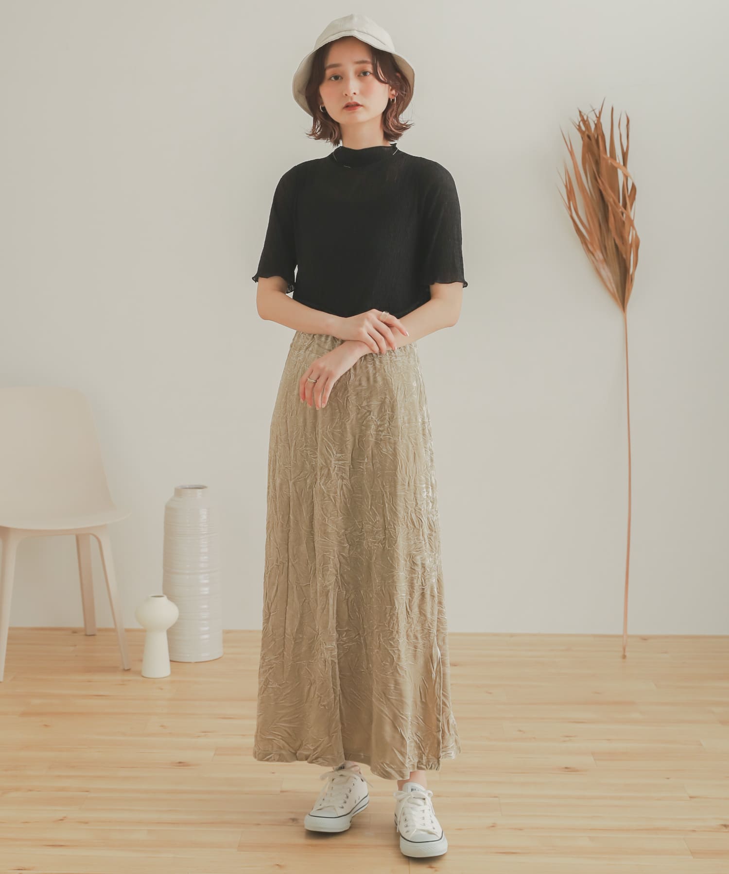クラッシュベロアロングスカート BEIGE one