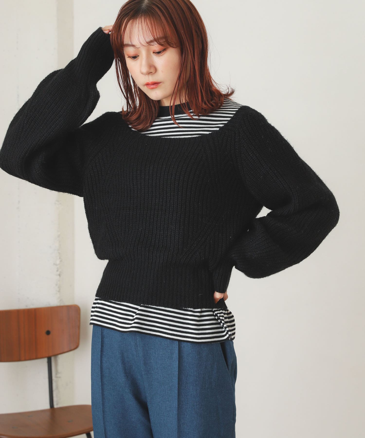 スクエアネックショートセーター BLACK one