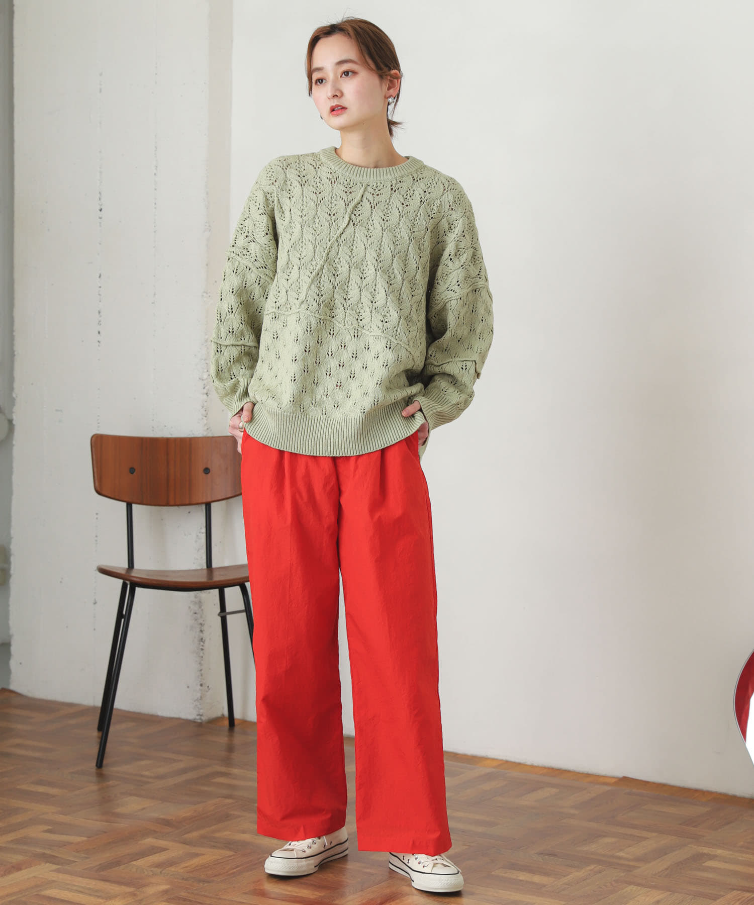 ハイウエストタックパンツ RED S