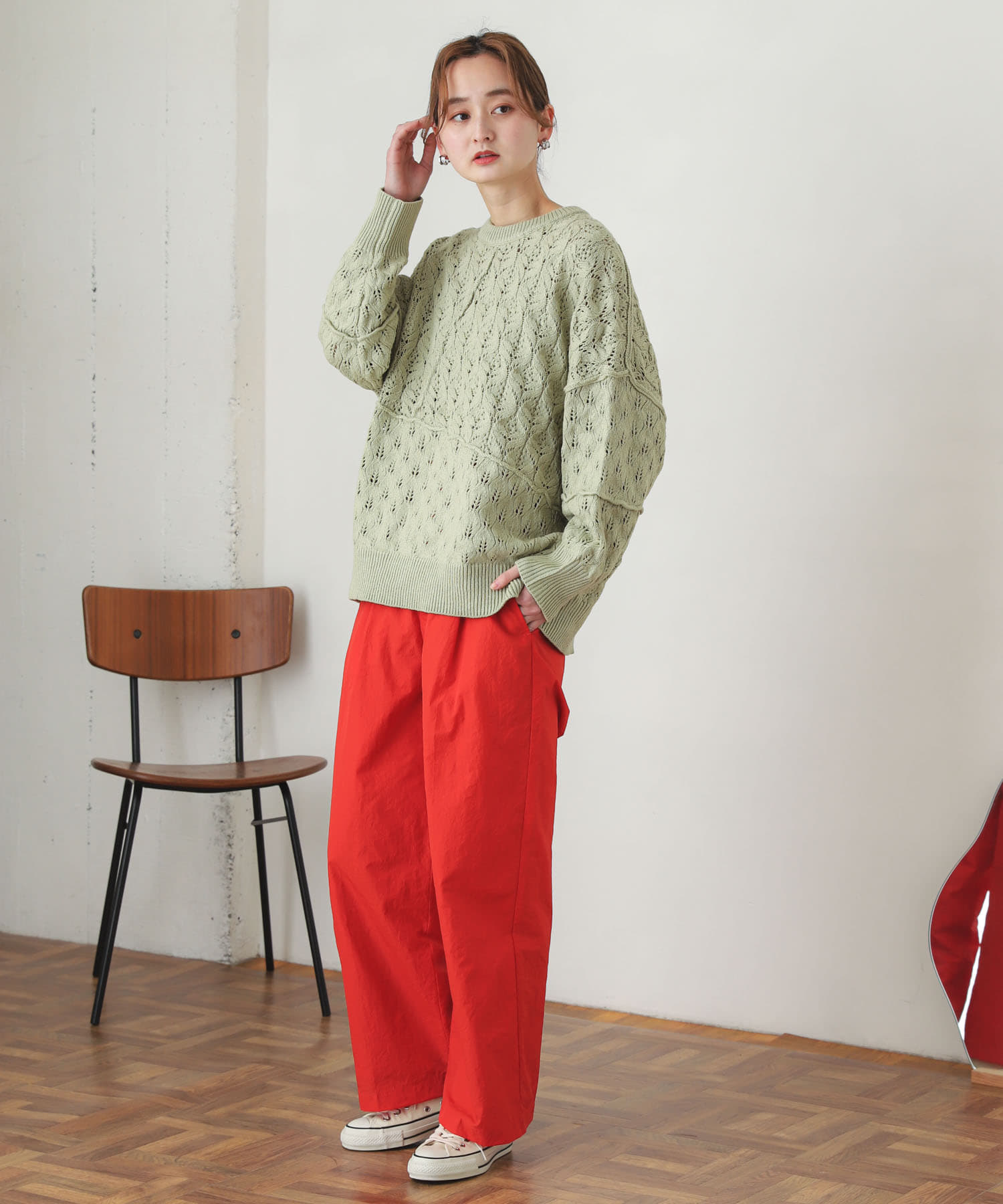 ハイウエストタックパンツ RED M