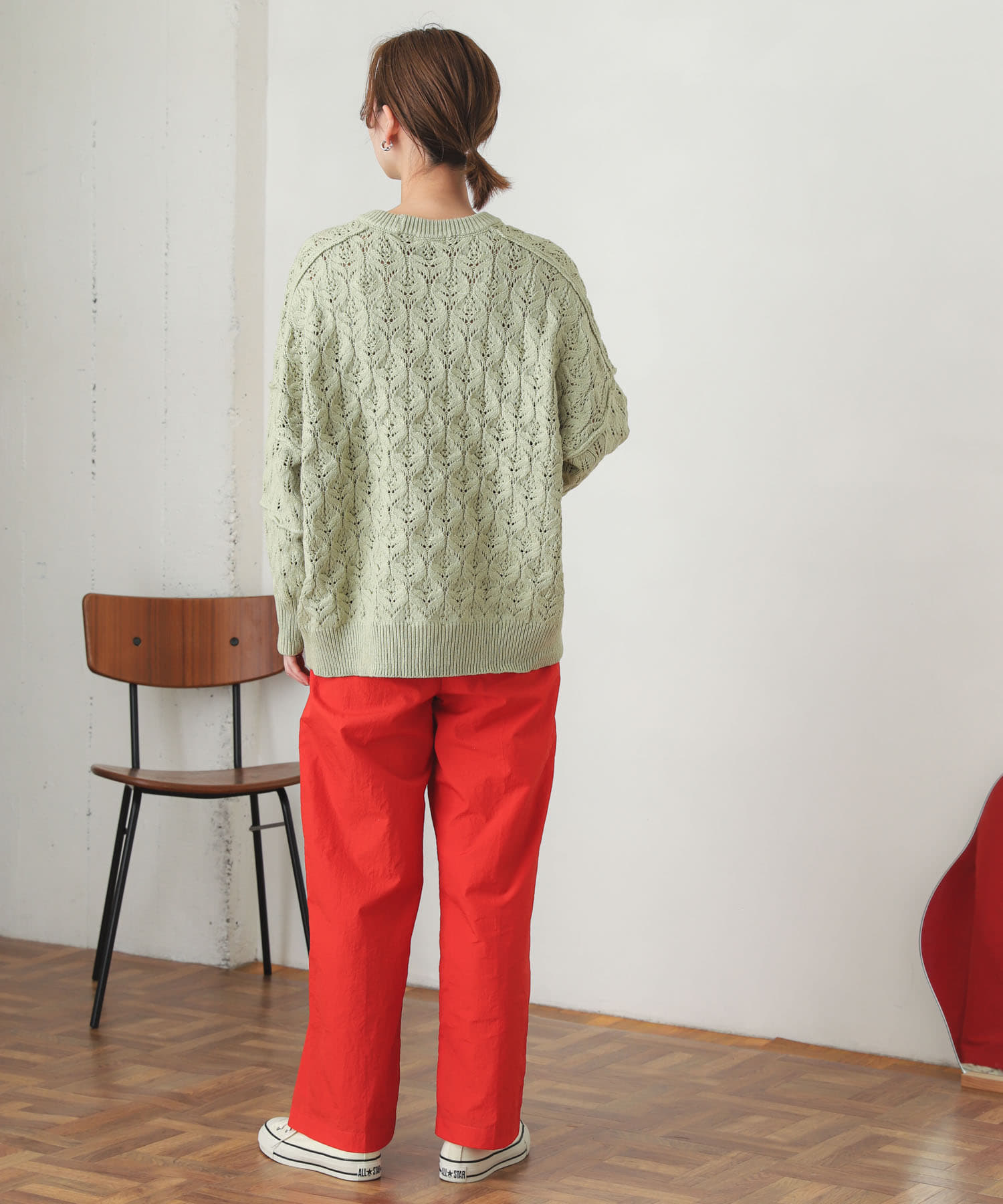 ハイウエストタックパンツ RED M