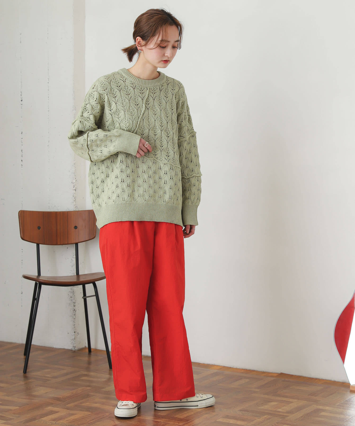 ハイウエストタックパンツ RED M