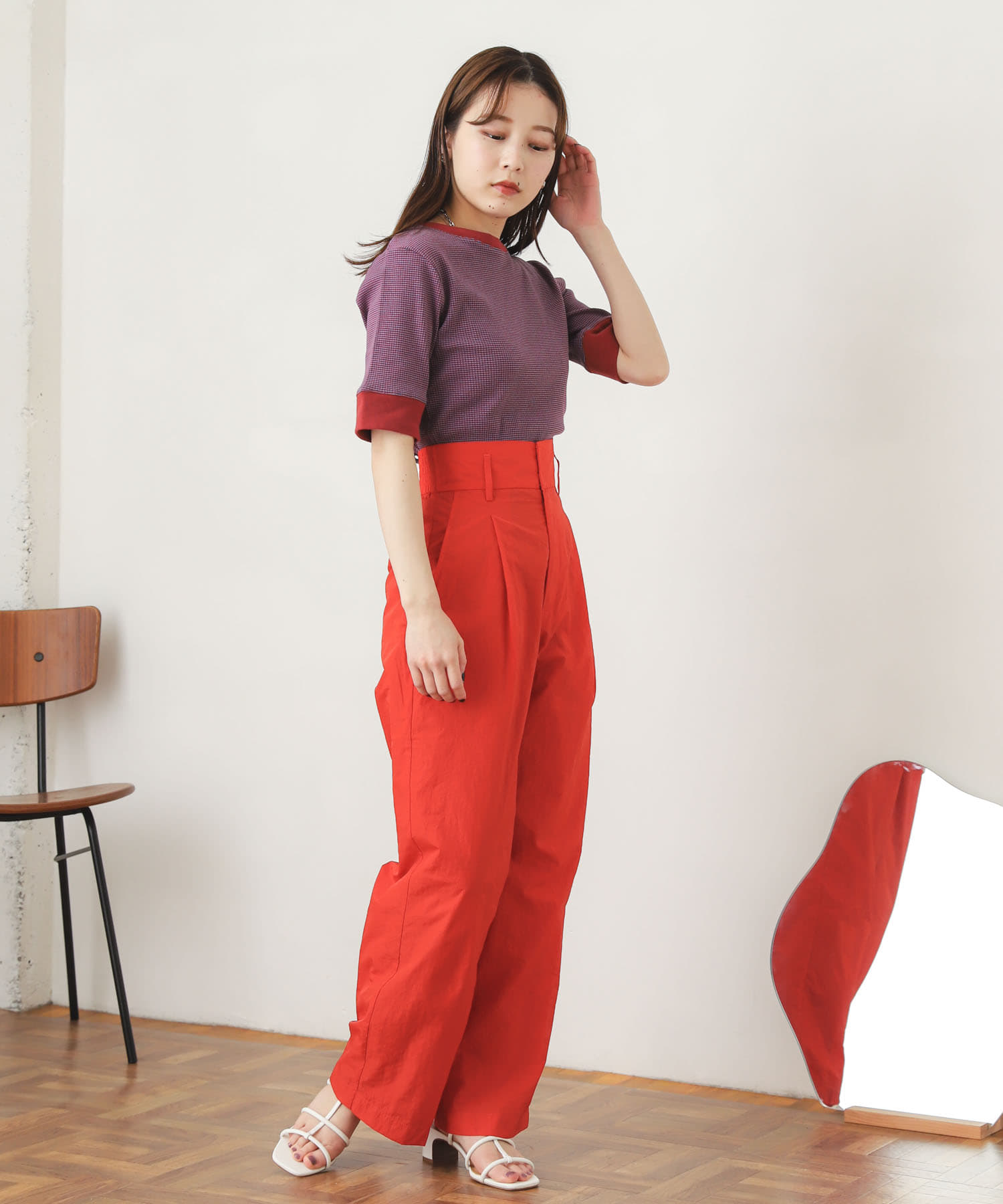 ハイウエストタックパンツ RED M