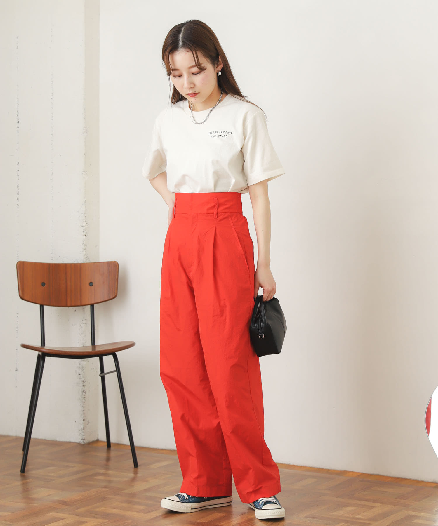 ハイウエストタックパンツ RED M