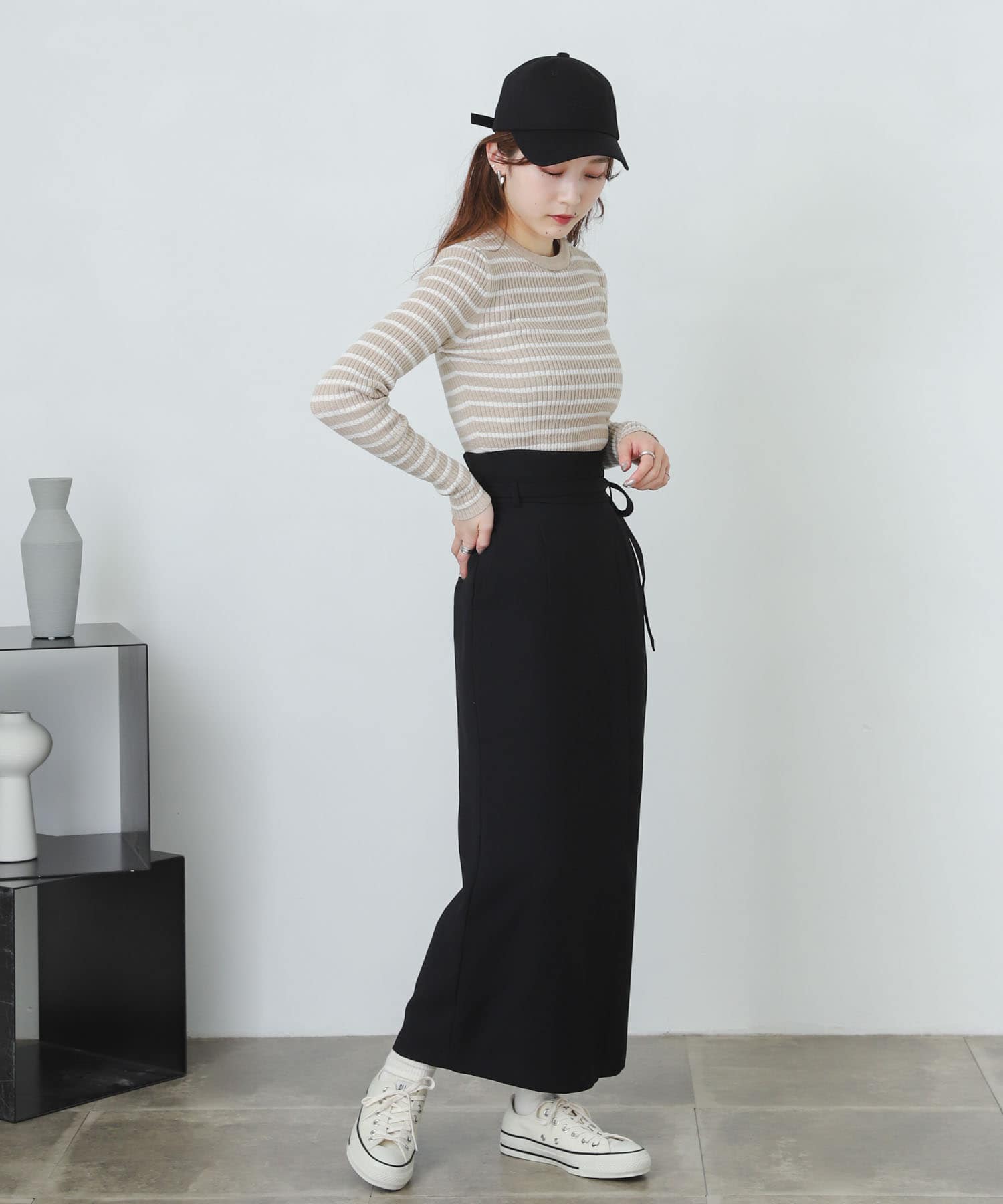 『XS・TALL展開あり』カルゼハイウエストラップスカート BLACK XS
