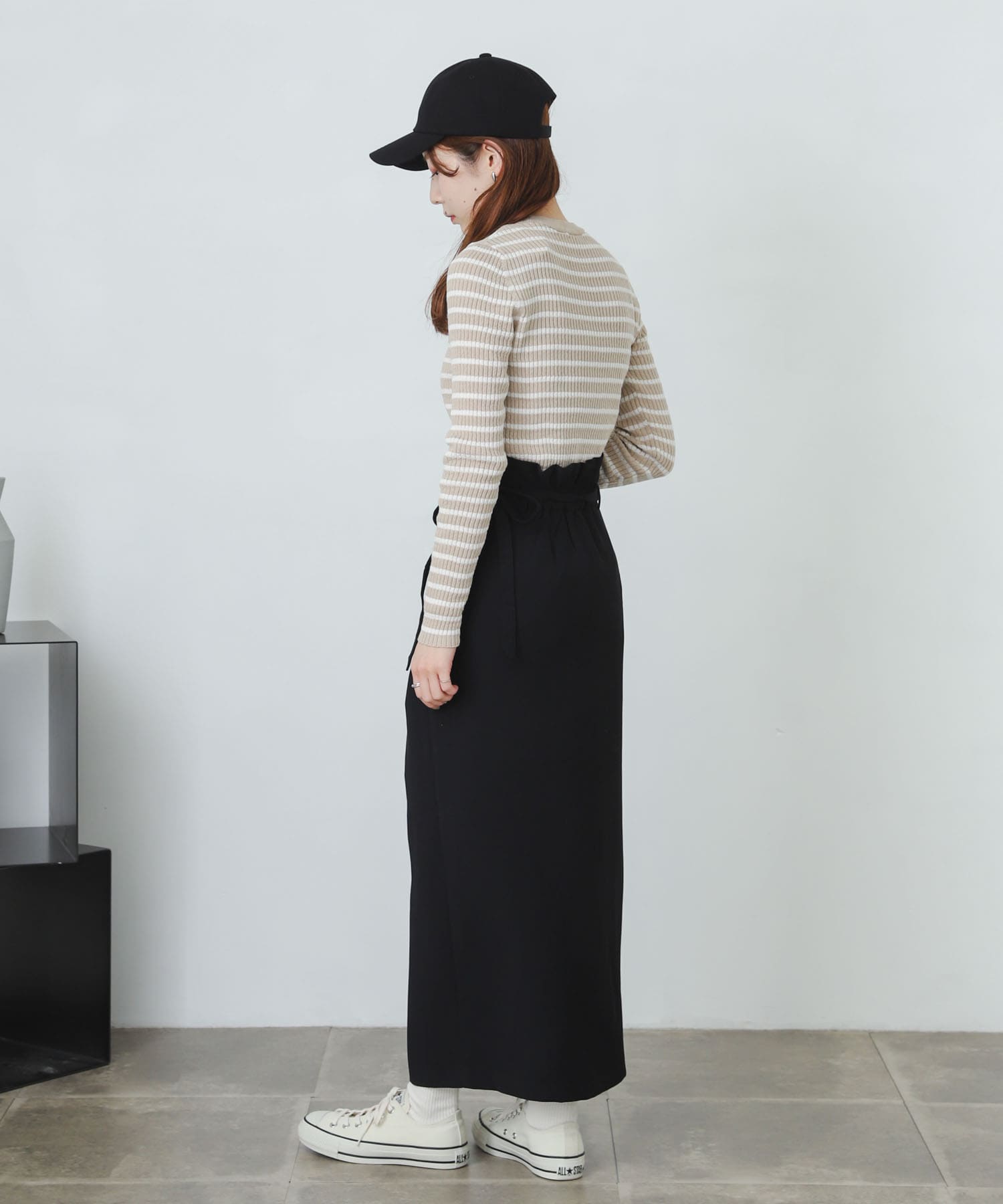 『XS・TALL展開あり』カルゼハイウエストラップスカート BLACK S
