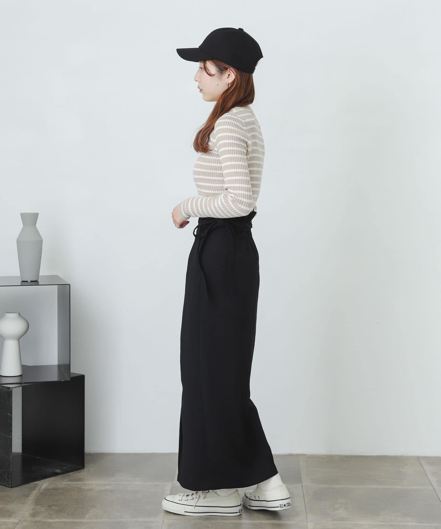 『XS・TALL展開あり』カルゼハイウエストラップスカート BLACK S