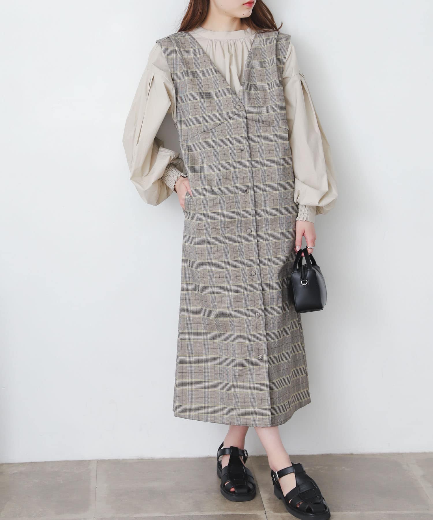 『One-C/低身長向けサイズ展開あり』チェックフロントボタンジャンパースカート BLK×GRE one