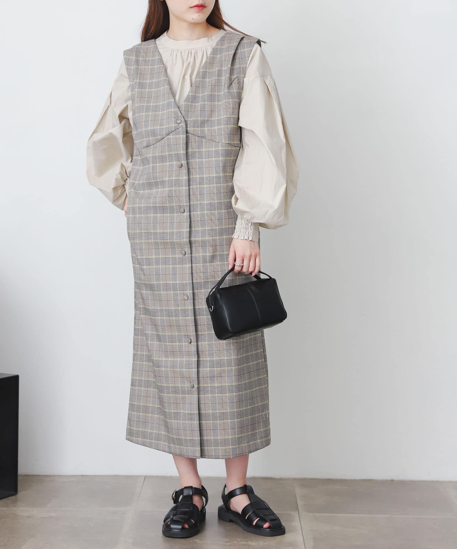 『One-C/低身長向けサイズ展開あり』チェックフロントボタンジャンパースカート BLK×GRE one