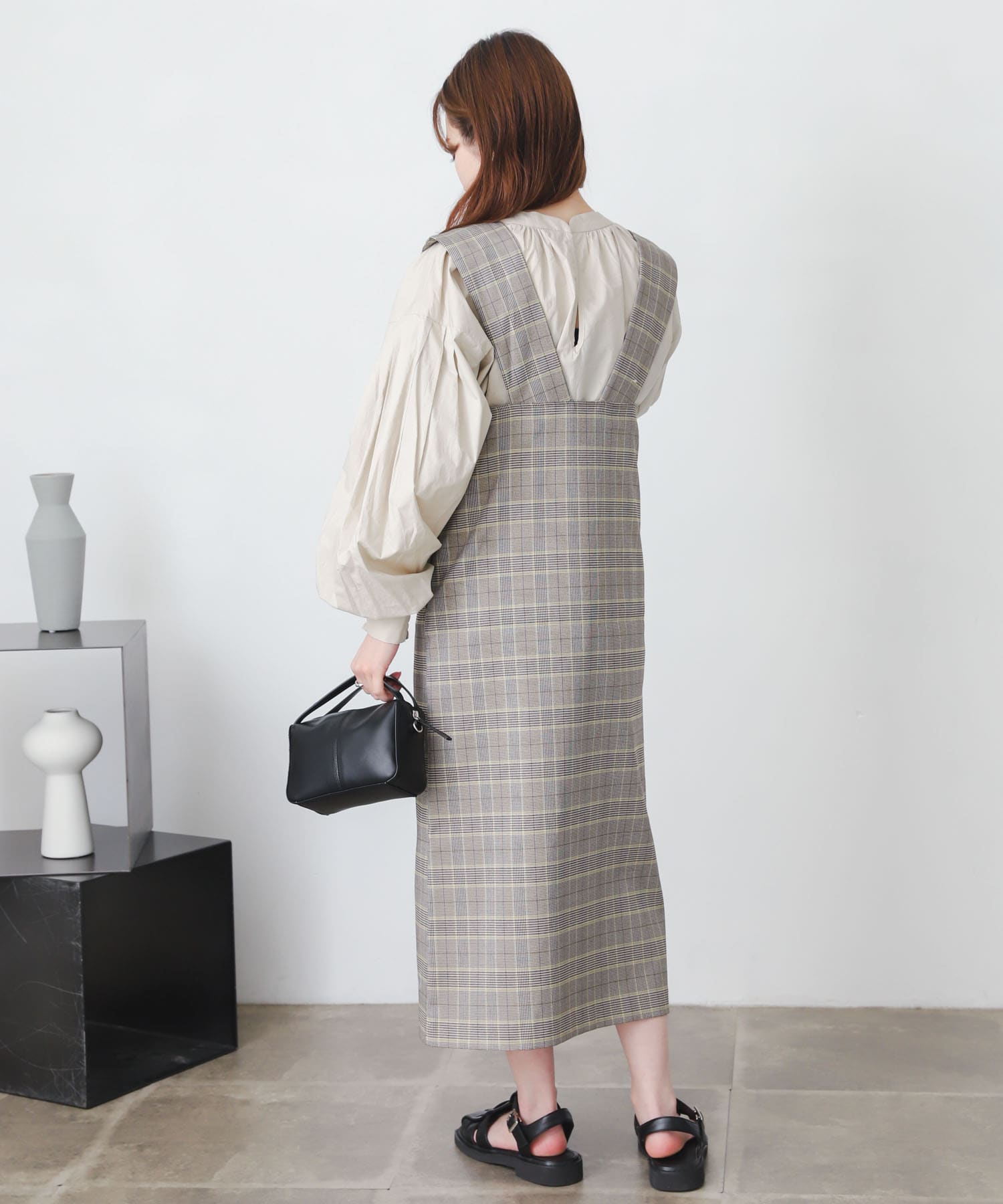 『One-C/低身長向けサイズ展開あり』チェックフロントボタンジャンパースカート BLK×GRE one