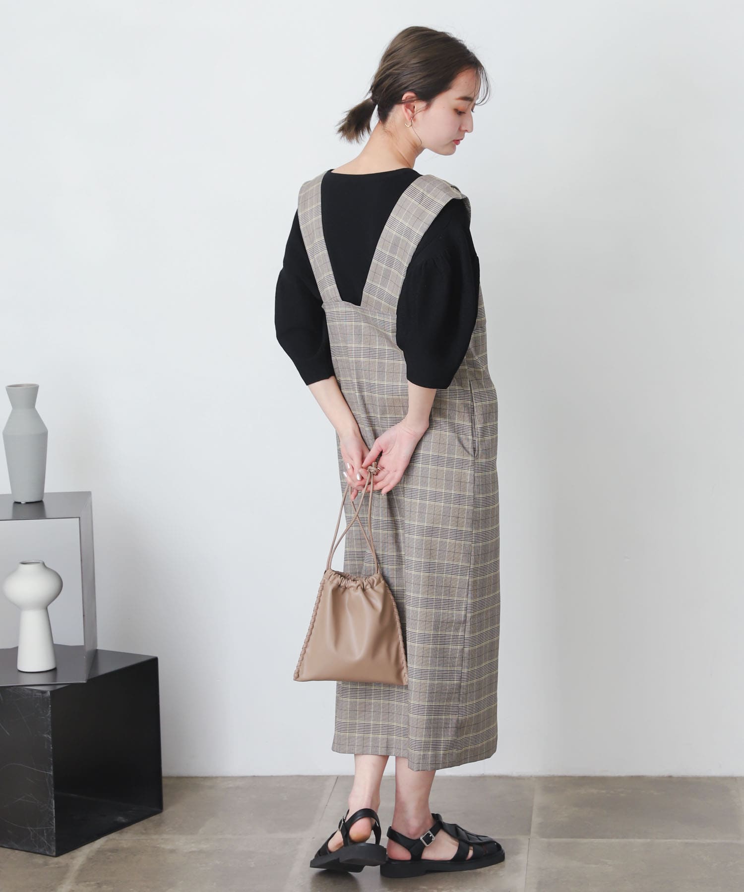 『One-C/低身長向けサイズ展開あり』チェックフロントボタンジャンパースカート BLK×GRE One-C