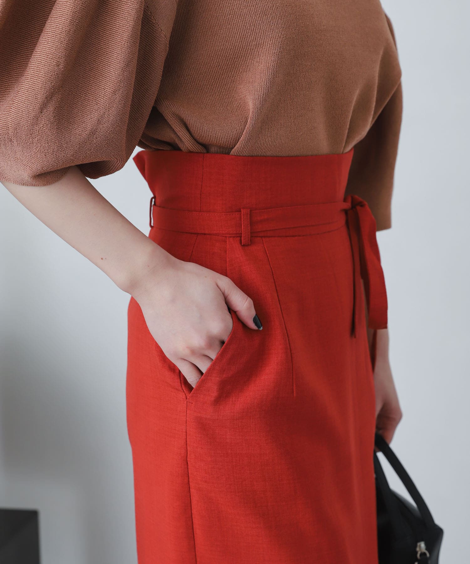 『XS・TALL展開あり』リネンライクハイウエストラップスカート RED M