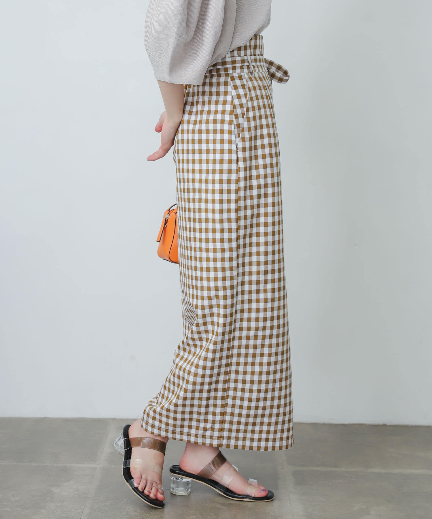 ギンガムチェックハイウエストラップスカート CAMEL XS