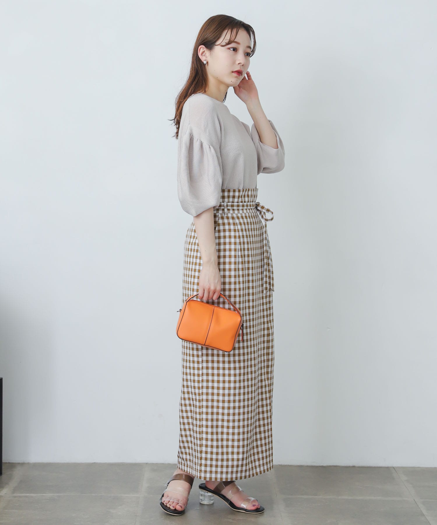 ギンガムチェックハイウエストラップスカート CAMEL XS