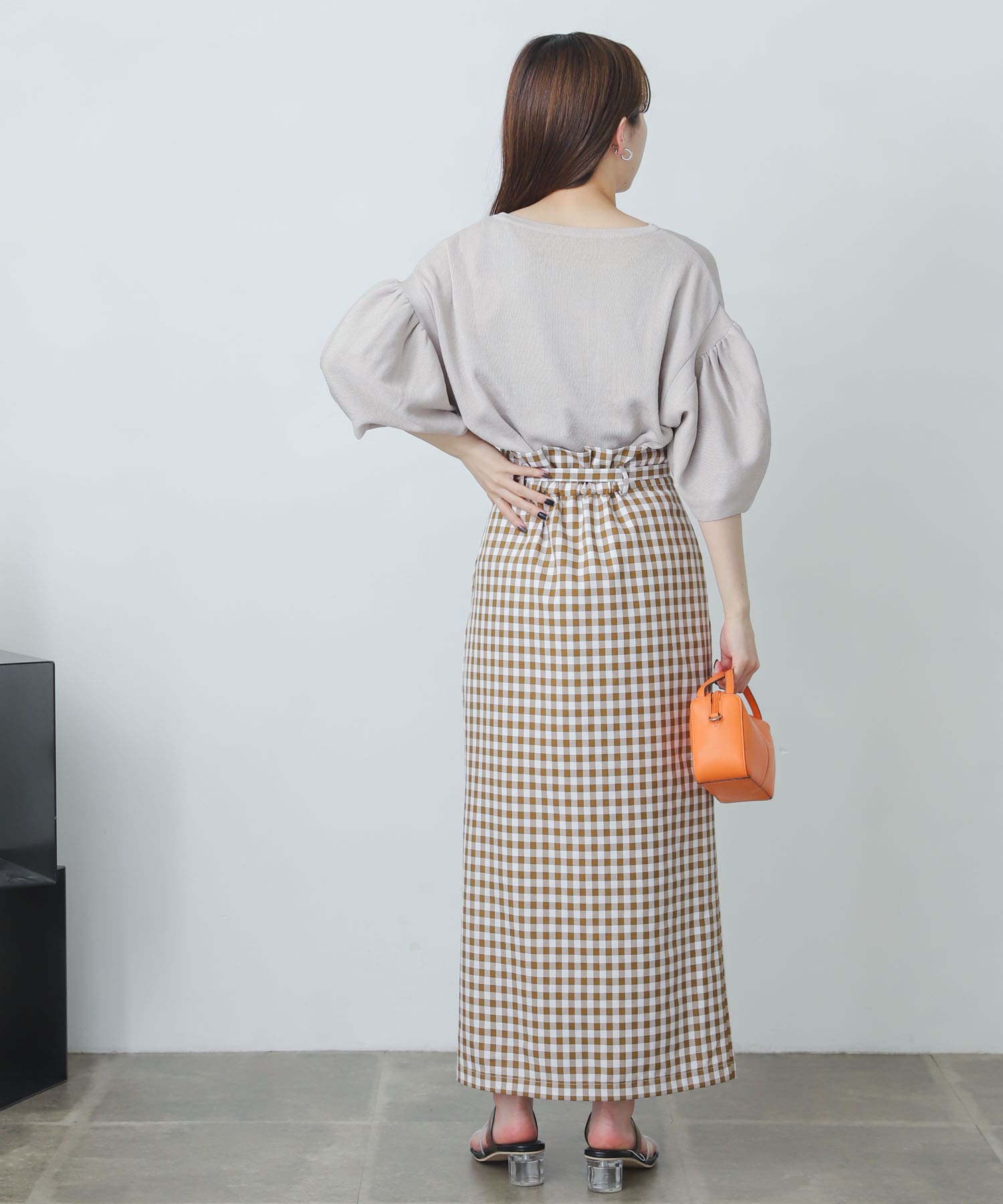 ギンガムチェックハイウエストラップスカート CAMEL XS