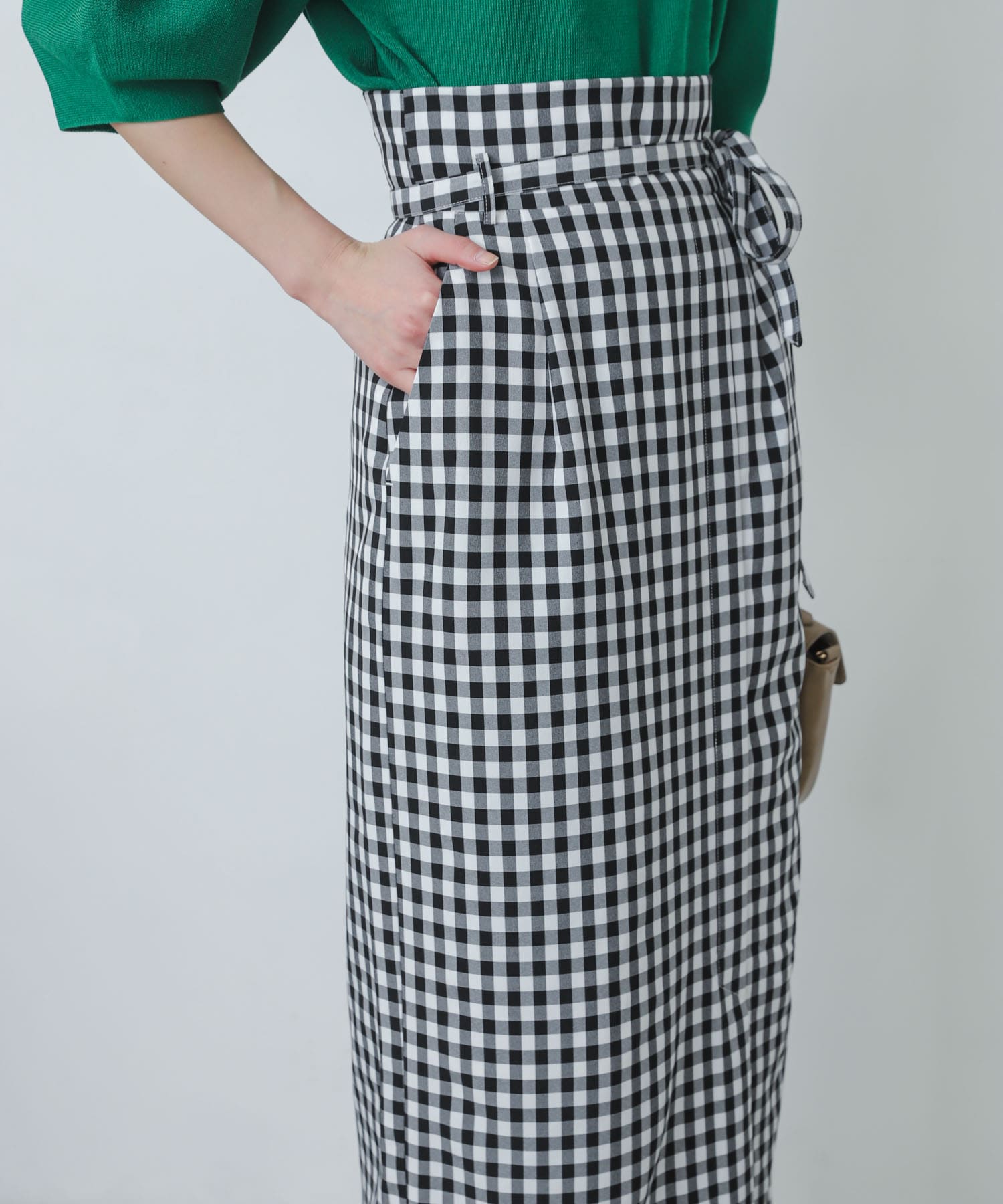 ギンガムチェックハイウエストラップスカート BLACK S