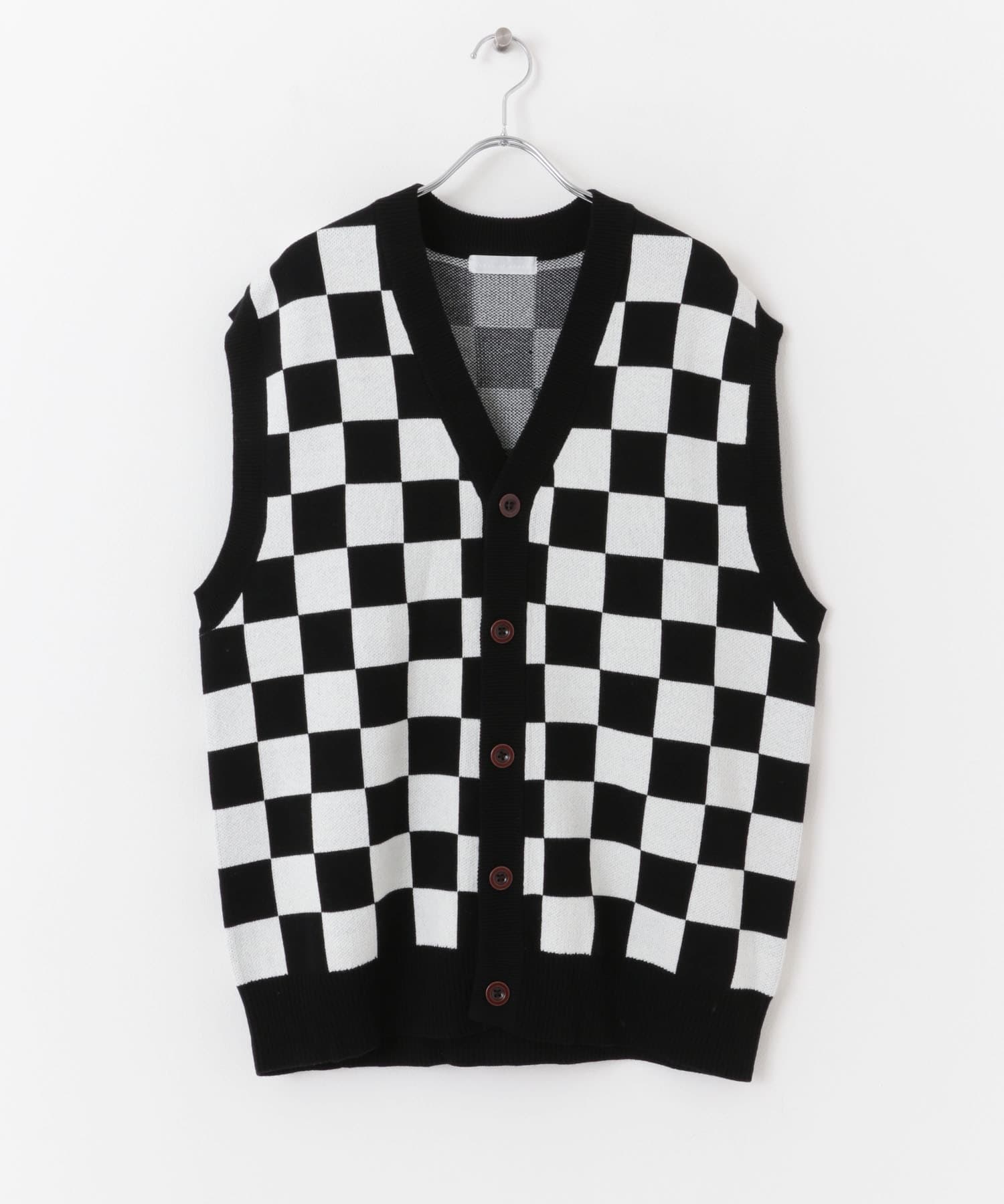 ブロックチェックカーディガンニットベスト BLK×IVO L
