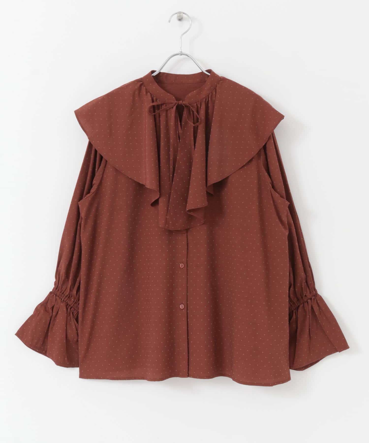 フロッキードットラッフルカラーブラウス RED×BEG one