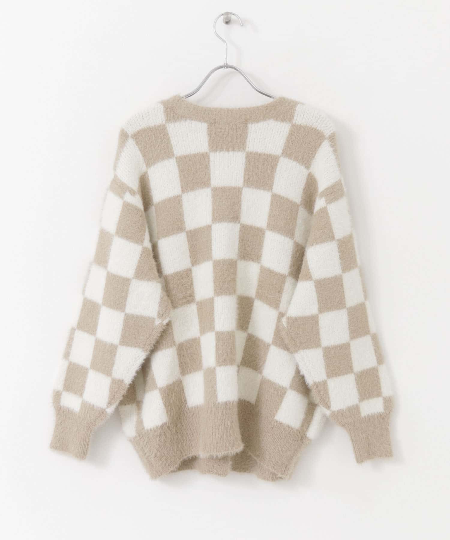 ブロックチェックカーディガン WHT×BEG one