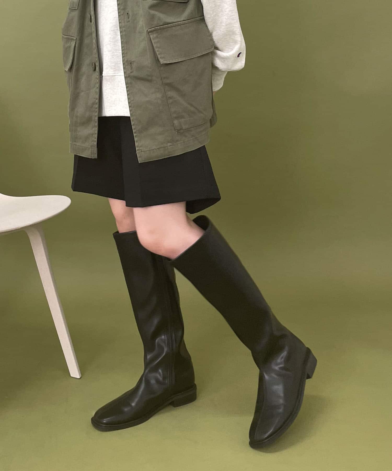 スクエアトウセンターシームロングブーツ BLACK S