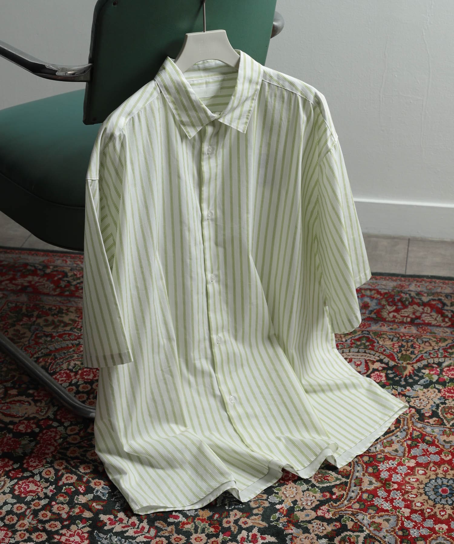 ストライプエクストラルーズシャツ(5分袖) WHT×MNT M