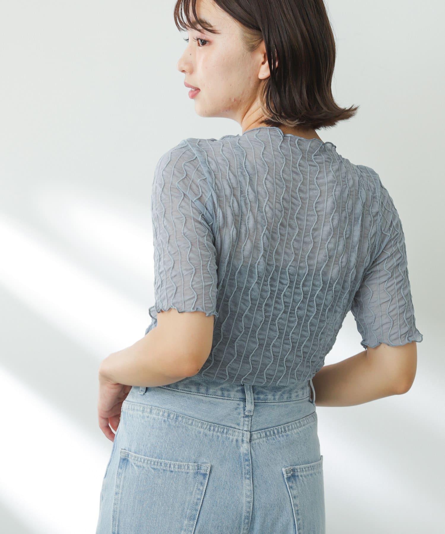 ウェーブパターンシアートップ(5分袖) L.BLUE one
