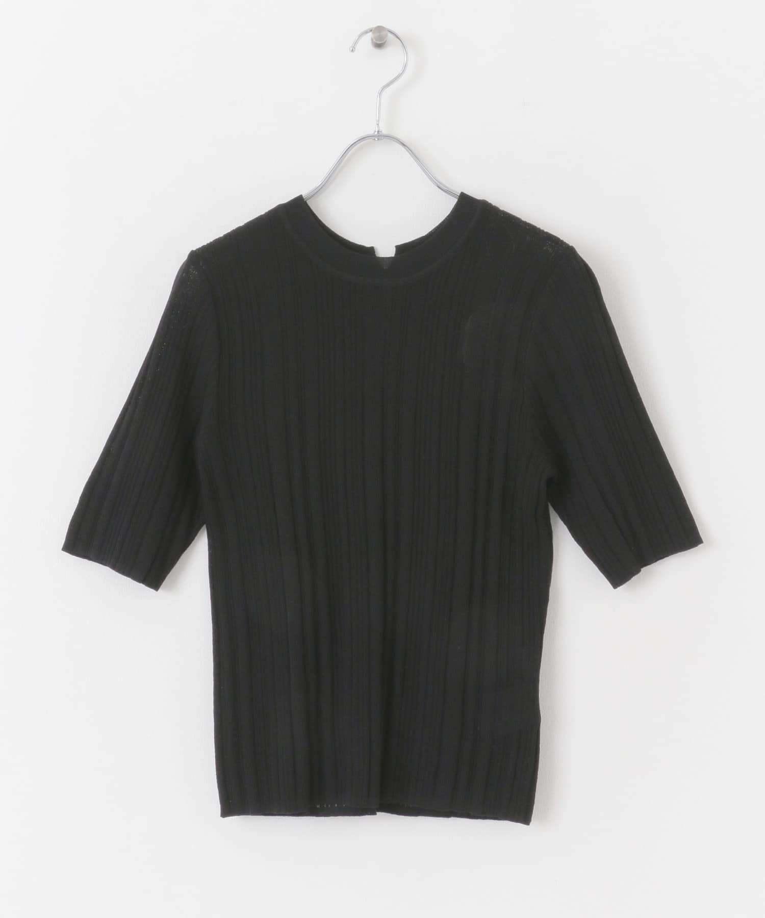 ランダムリブシアーセーター(5分袖) BLACK one