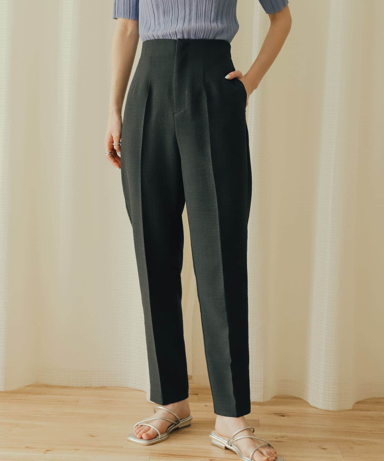 リネンライクハイウエストテーパードパンツ(XS CHARCOAL リネンライクハイウエストテーパードパンツ(XS CHARCOAL