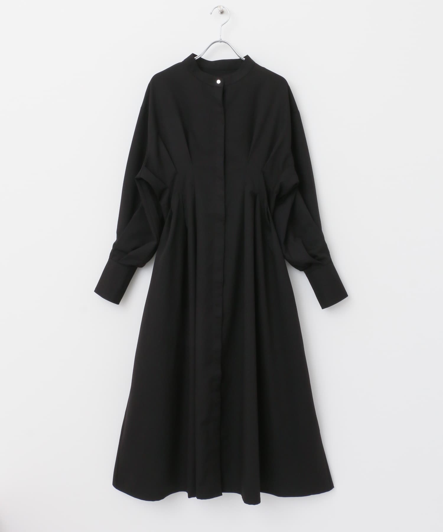 『COMPACT/低身長向けサイズ展開あり』ウエストタックフレアシャツワンピース BLACK COMPACT