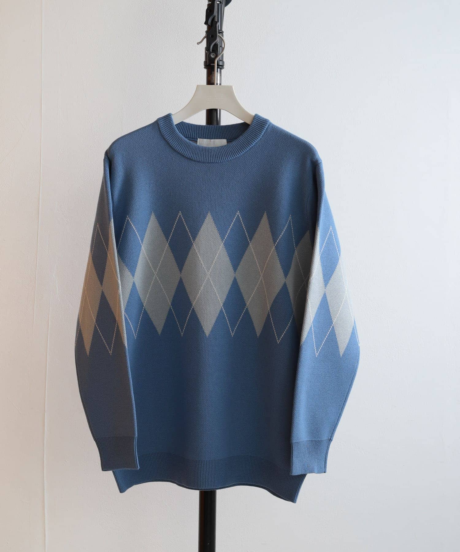 アーガイルクルーネックセーター BLUE L
