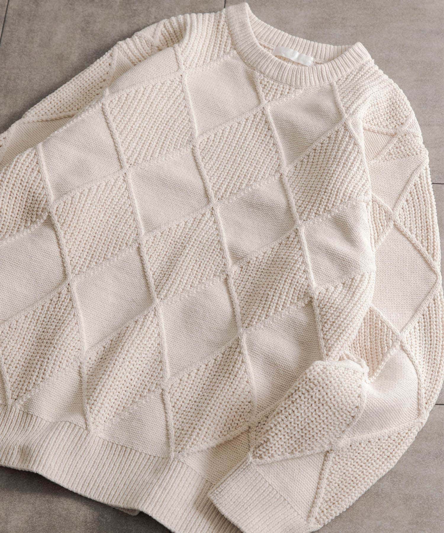 モールダイヤガラクルーネックセーター IVORY M