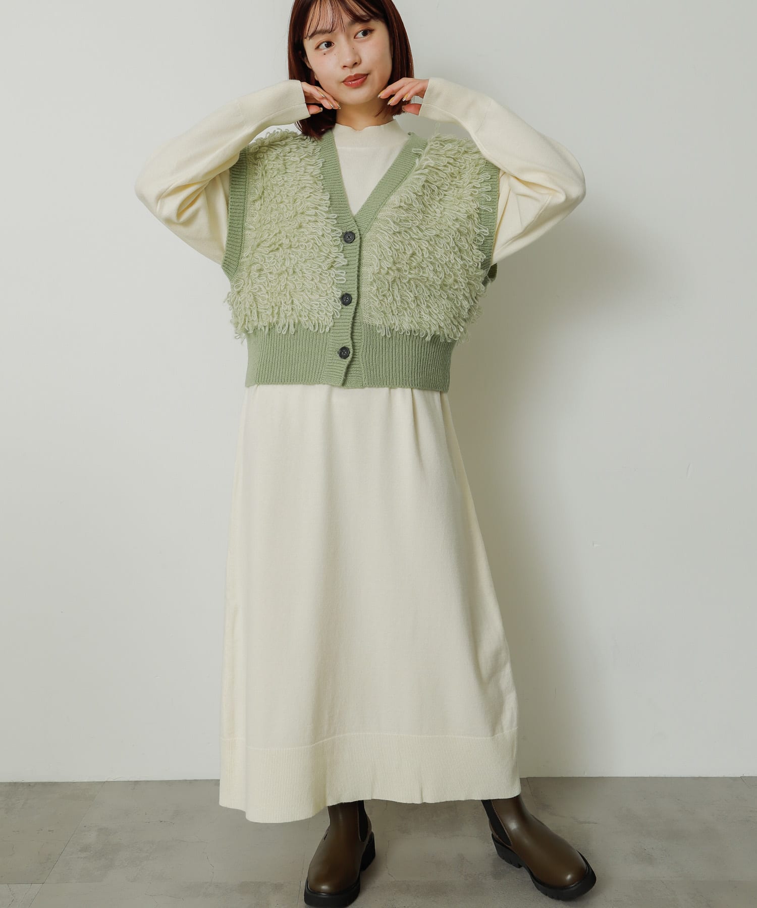 フリンジベストレイヤードニットワンピース