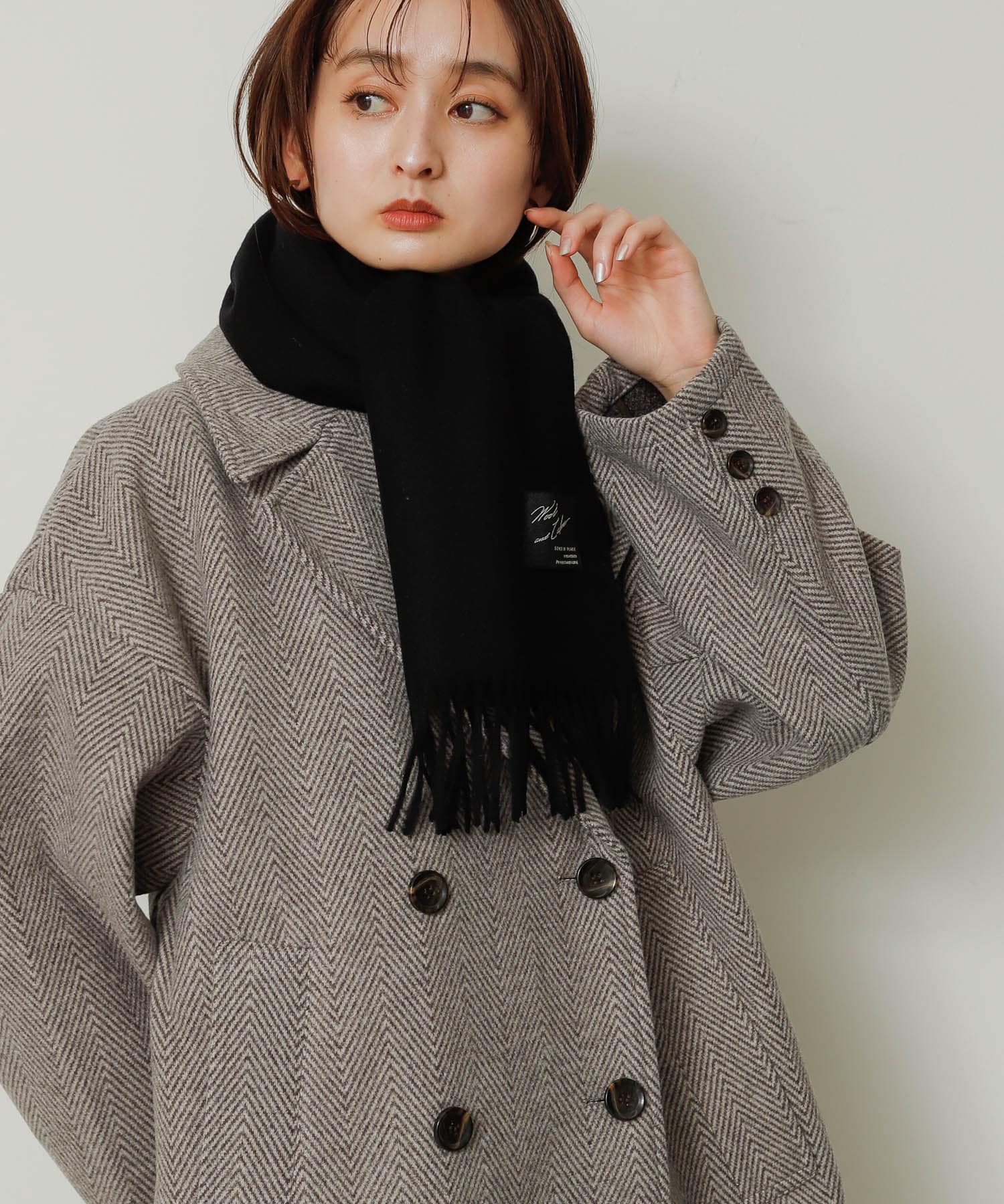 カシミヤ混ウールストール BLACK one